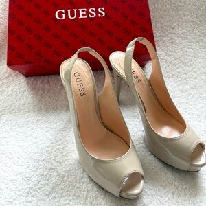 GUESS Nude Patent Leather Slingback Peep Toe Heels - Size 6.5